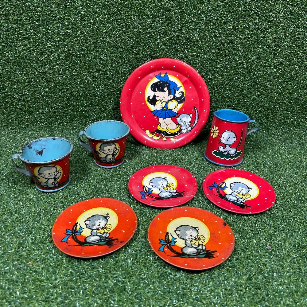 Vtg 1949 Ohio Art Tin Litho Child Doll Mini Tea Set Kittens Elaine Hileman 8pc